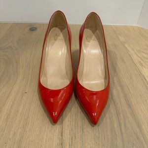 Christian Louboutin Piou Piou 85 Mandarin Red Patent Calf Pumps.